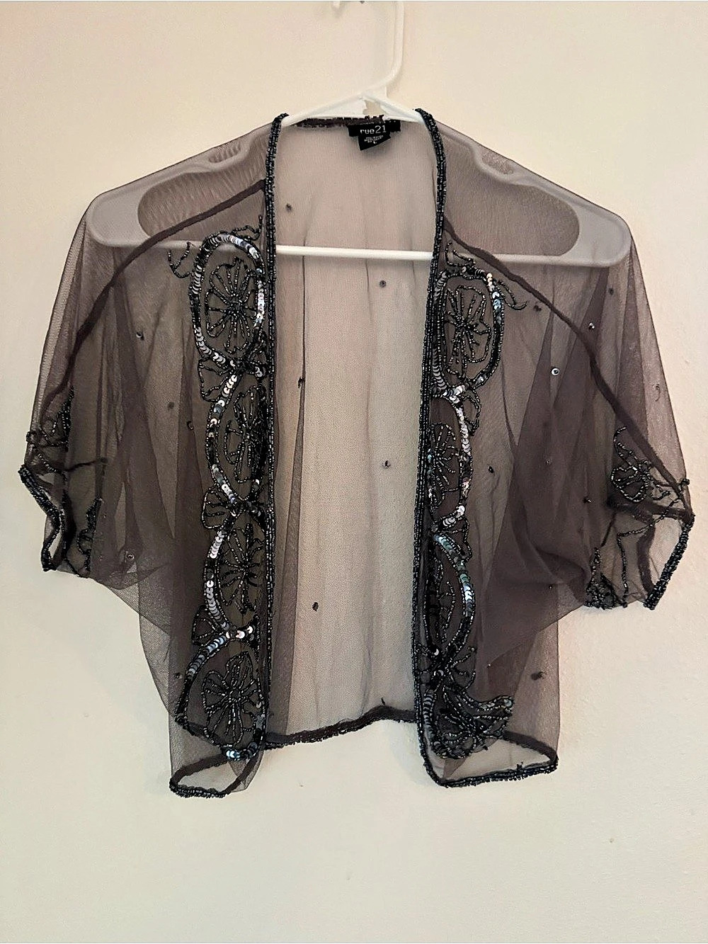 Y2K Mesh Topper Womens L Gray Mesh Beaded Rue 21 Fairy Whimsygoth Sheer Cardigan